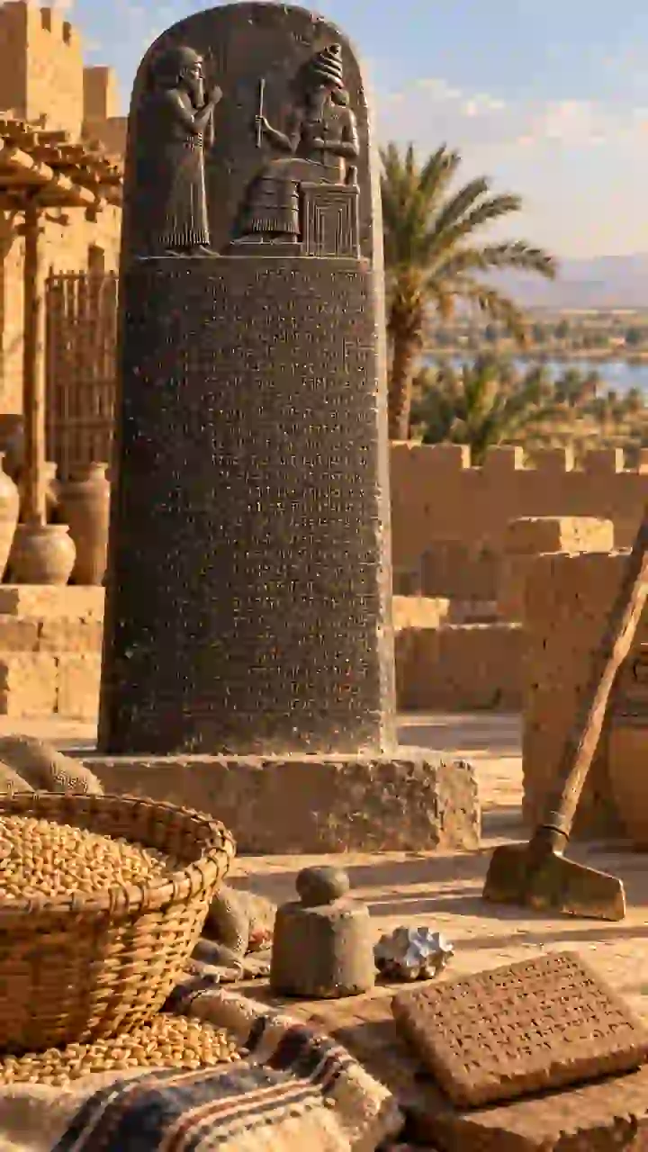 Estela del código de Hammurabi en una recreación de Babilonia